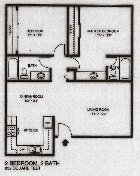 Floor plan for 2 beds, 2 baths, 832 sqft